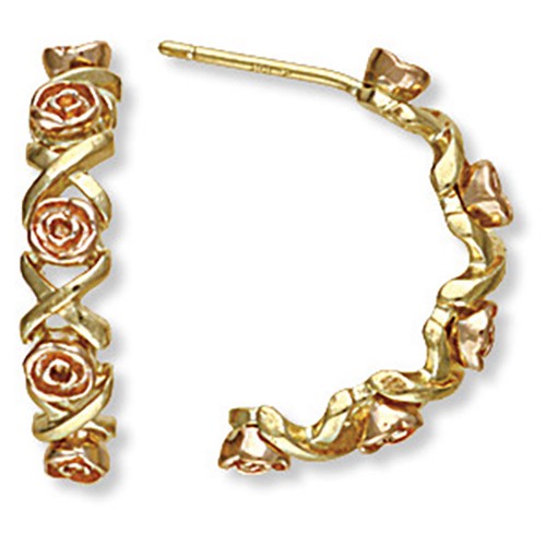 10K Black Hills Gold Semi Hoop Earrings with Roses