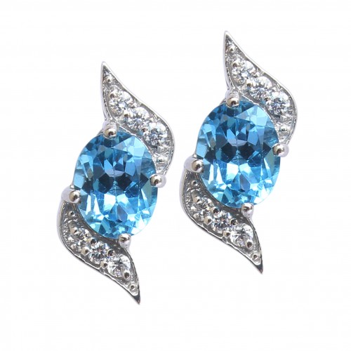 Sterling Silver Stud Earrings with Oval 8X10 Blue Topaz