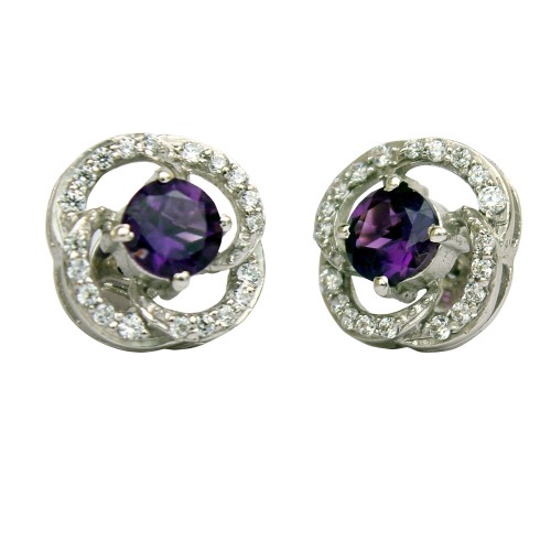 February Birthstone Amethyst Sterling Silver Earrings with Genuine Amethyst and White Cubic Zirconia