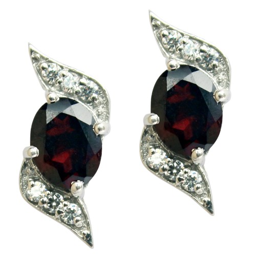 Sterling Silver Stud Earrings with Oval 8 X 10 Garnet and White Cubic Zirconia