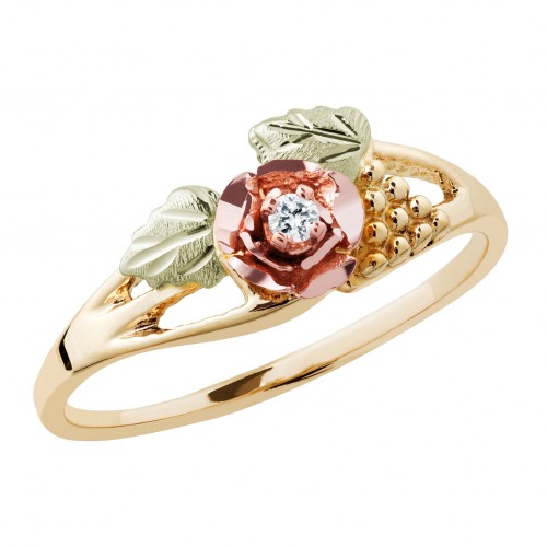 Ladies 10k Black Hills Gold Diamond and Rose Ring
