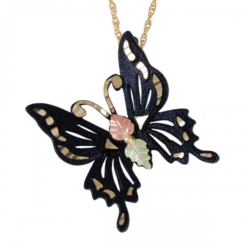 12k Rose and Green Black Hills Gold Sterling Silver Butterfly Pendant Necklace