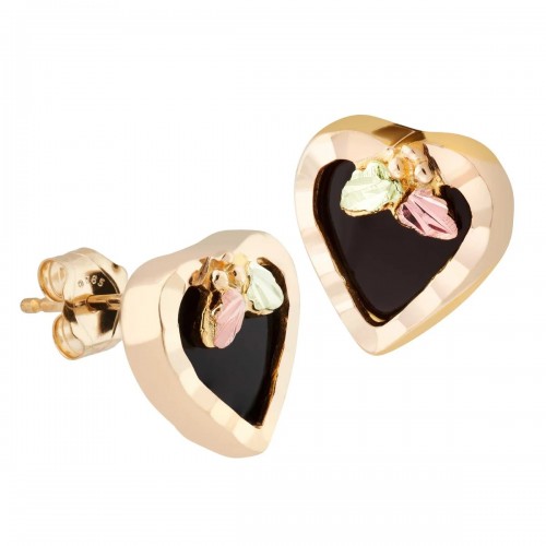 8 MM Onyx Black Hills Gold Heart Stud Earrings