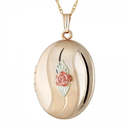 Oval Gold-filled Locket with 12k Leaves and Rose