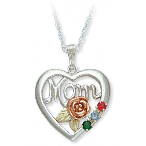 Sterling Silver 'Mom' heart pendant -  1-6  2.5 MM Birthstones