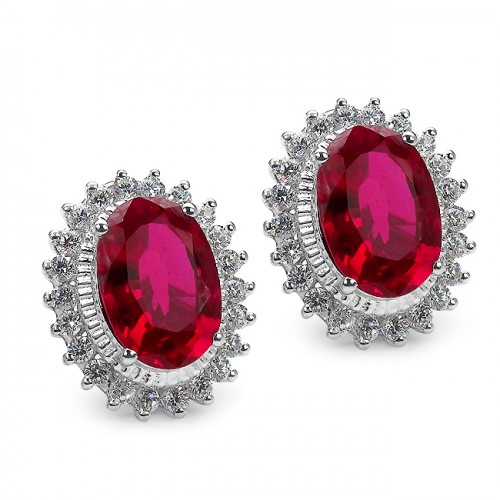 Sterling Silver Ruby Stud Earrings with Synthetic Ruby and White Cubic Zirconia