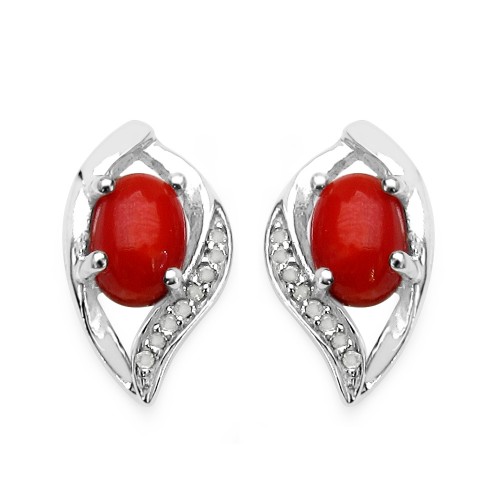 Red Coral Cabachon Stud Silver Earrings with White Diamond Accents