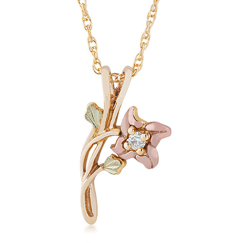 10K Black Hills Gold Flower Pendant with .01 ct ge...