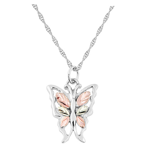12k Rose and Green Black Hills Gold Sterling Silver Butterfly Pendant Necklace