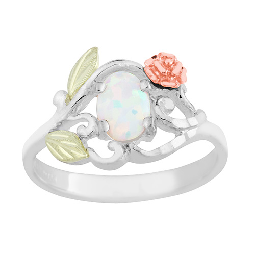  Opal Black Hills Gold on Silver Ring with Rose Flower 