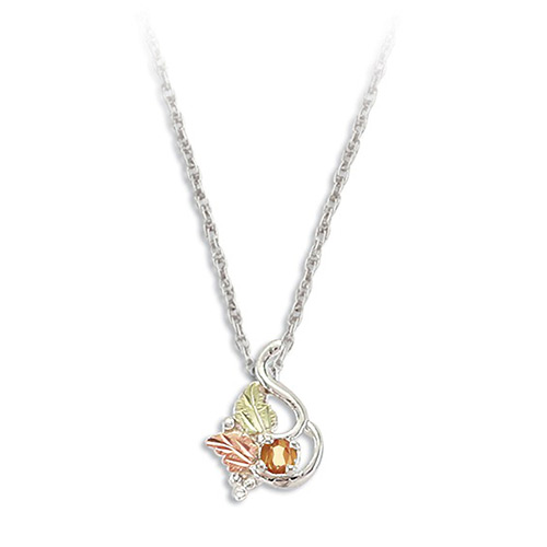 Sterling Silver Black Hills Gold Pendant with 7X5MM Synthetic Rose Zircon and 12K Gold Leaves 