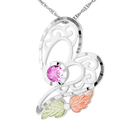 Black Hills Gold Pink Cubic Zirconia Heart Pendant in Sterling Silver   with 12K Gold Leaves
