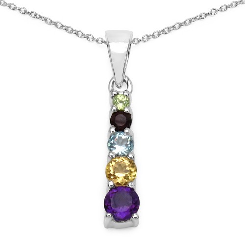 925 Sterling Silver Round Shaped Multi Stone Journey Pendant Necklace