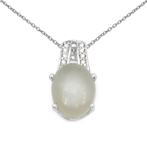 925 Sterling Silver White Moonstone and White Diamond Pendant Necklace