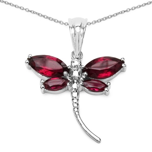 Rhodolite Garnet Dragonfly Pendant Necklace in 925 Sterling Silver