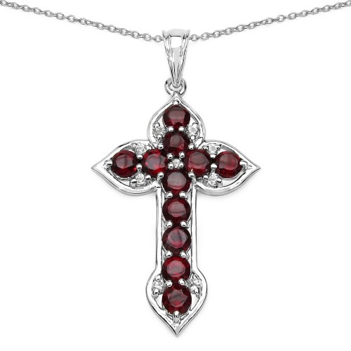 Garnet and White Topaz Cross Pendant Necklace in 925 Sterling Silver